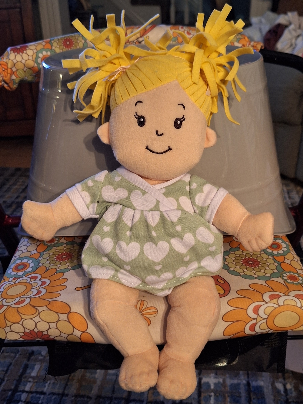 Plush Heart-Patterned Green Dress Doll with Yellow Yarn Hair